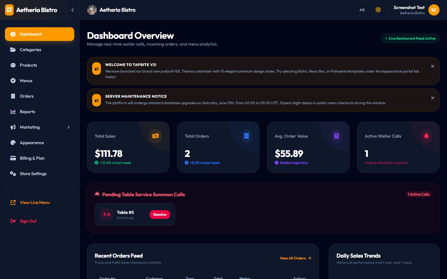 TapBite merchant dashboard overview