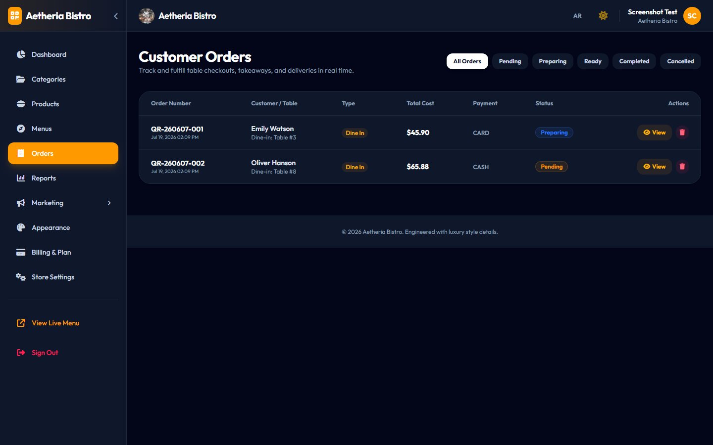 TapBite customer orders screen
