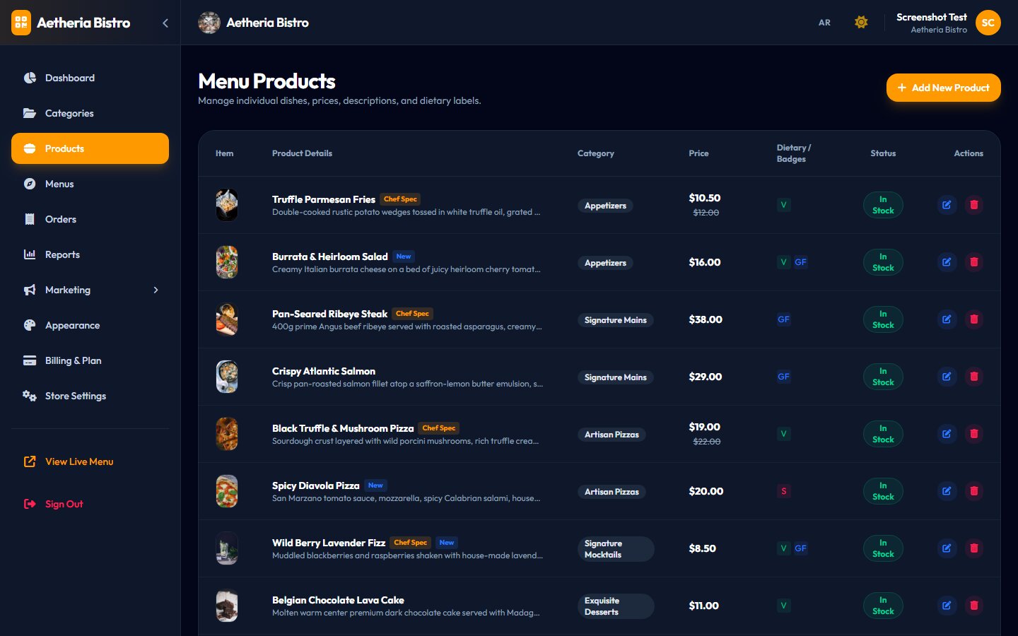 TapBite products management screen