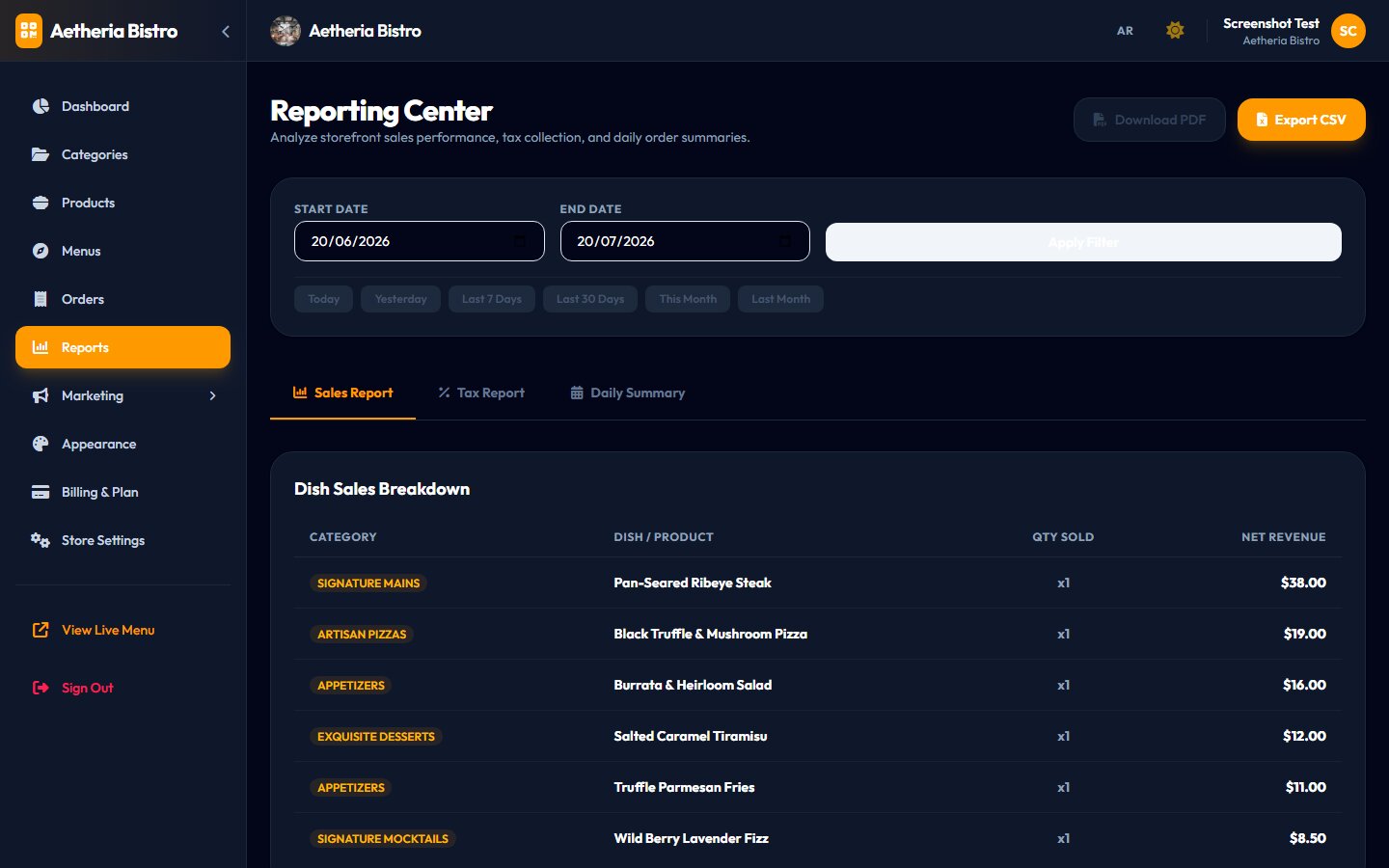TapBite reporting center screen